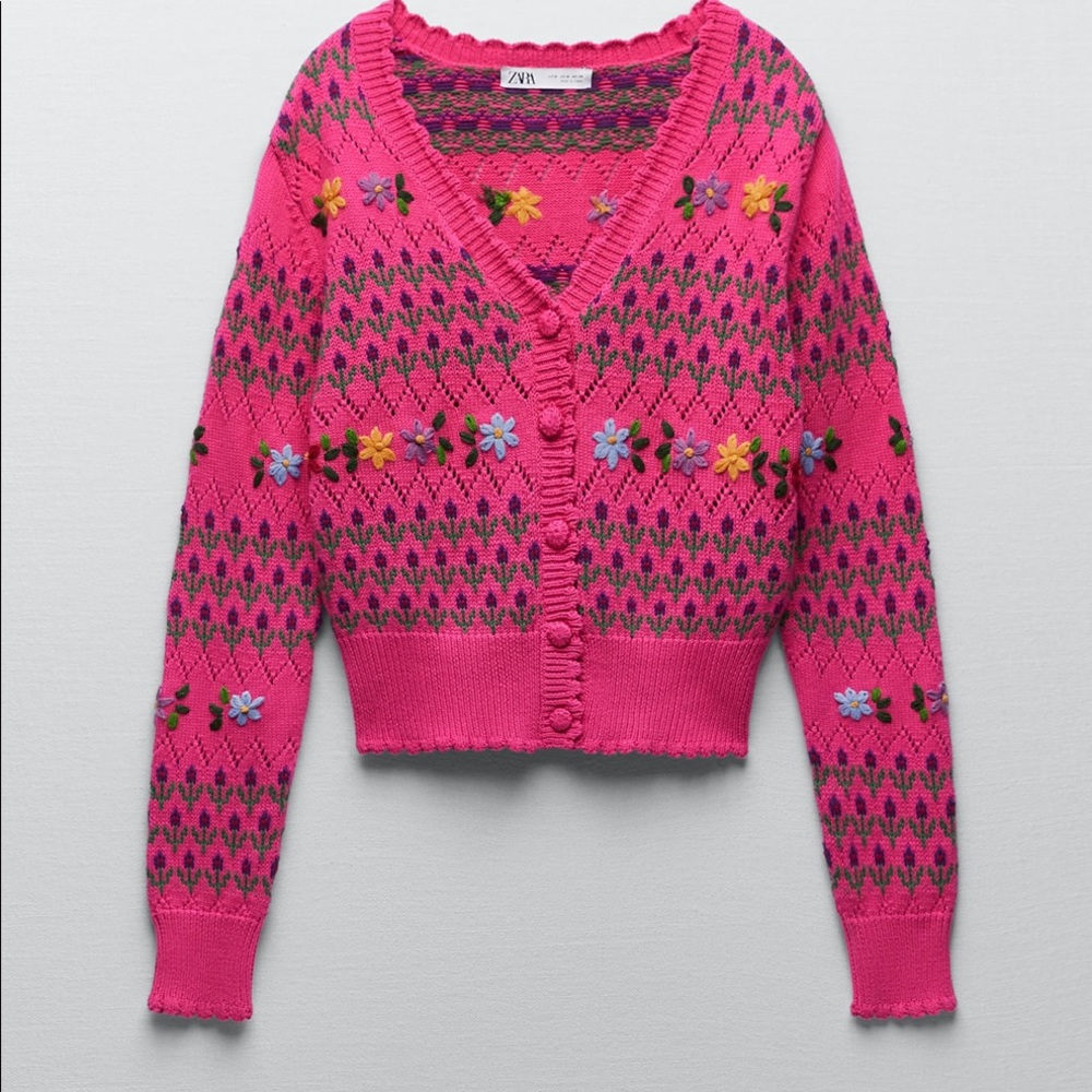 Fuchsia Embroidered Cardigan Zara
